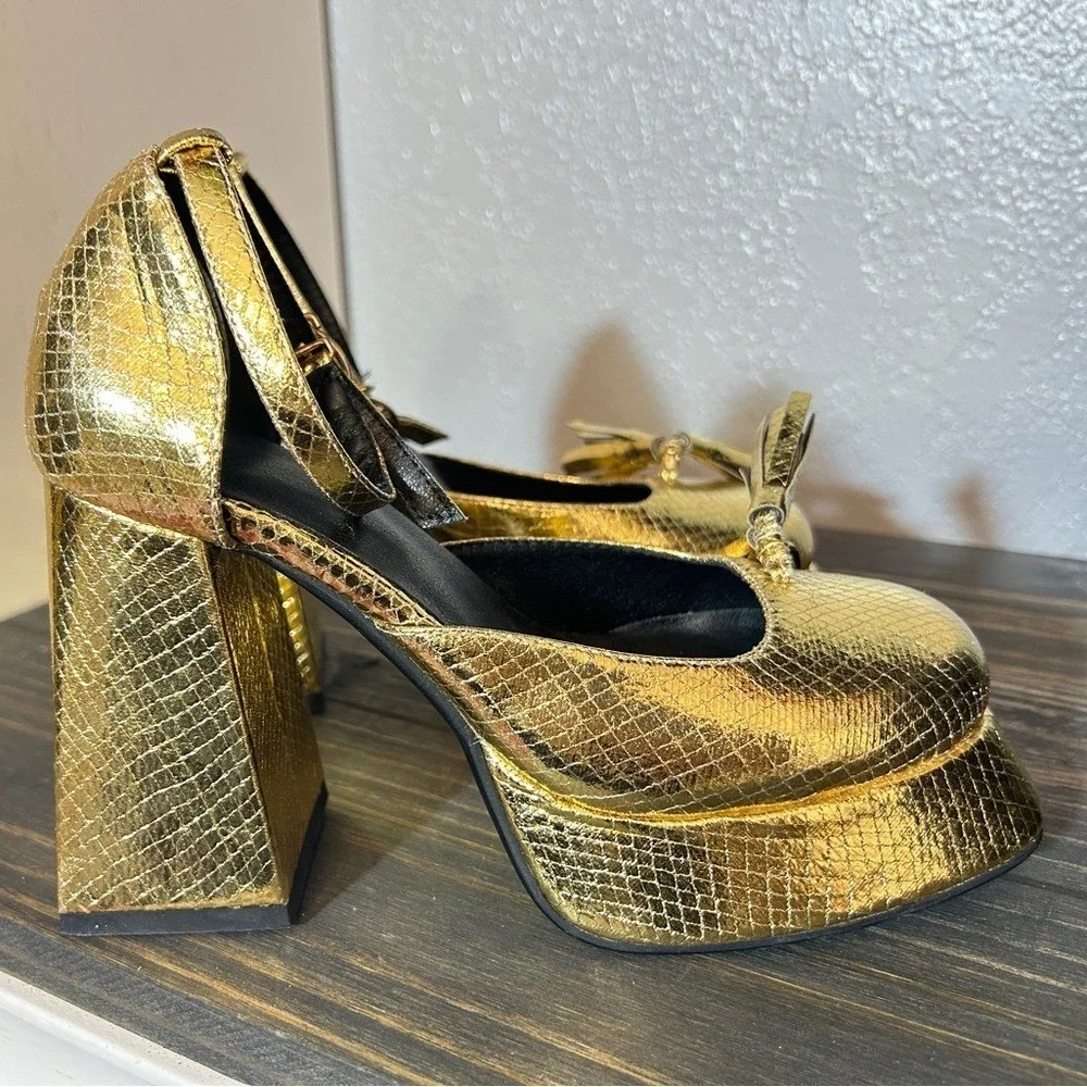 Gold Metallic Snakeskin Platform‎ Heels Tassel Square Toe Chunky Block Heel 5.5